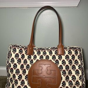 Tory Burch Large Ella Tote Bag - Brown and Cream Geometric Tote